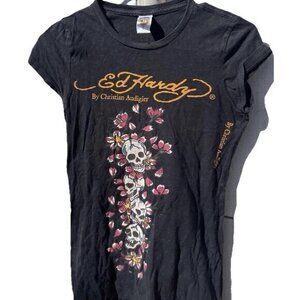 Vintage Ed Hardy Christian Audigier Women's Black T-Shirt Skulls Flower Tattoo S